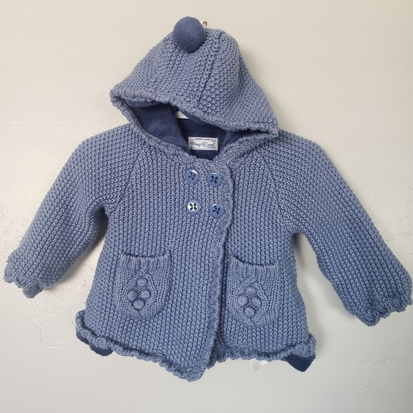 Mayoral Baby Girl 6-9 Months Blue Knit Sweater Cardigan Hooded Faux Fur Pom Pom - Picture 1 of 8
